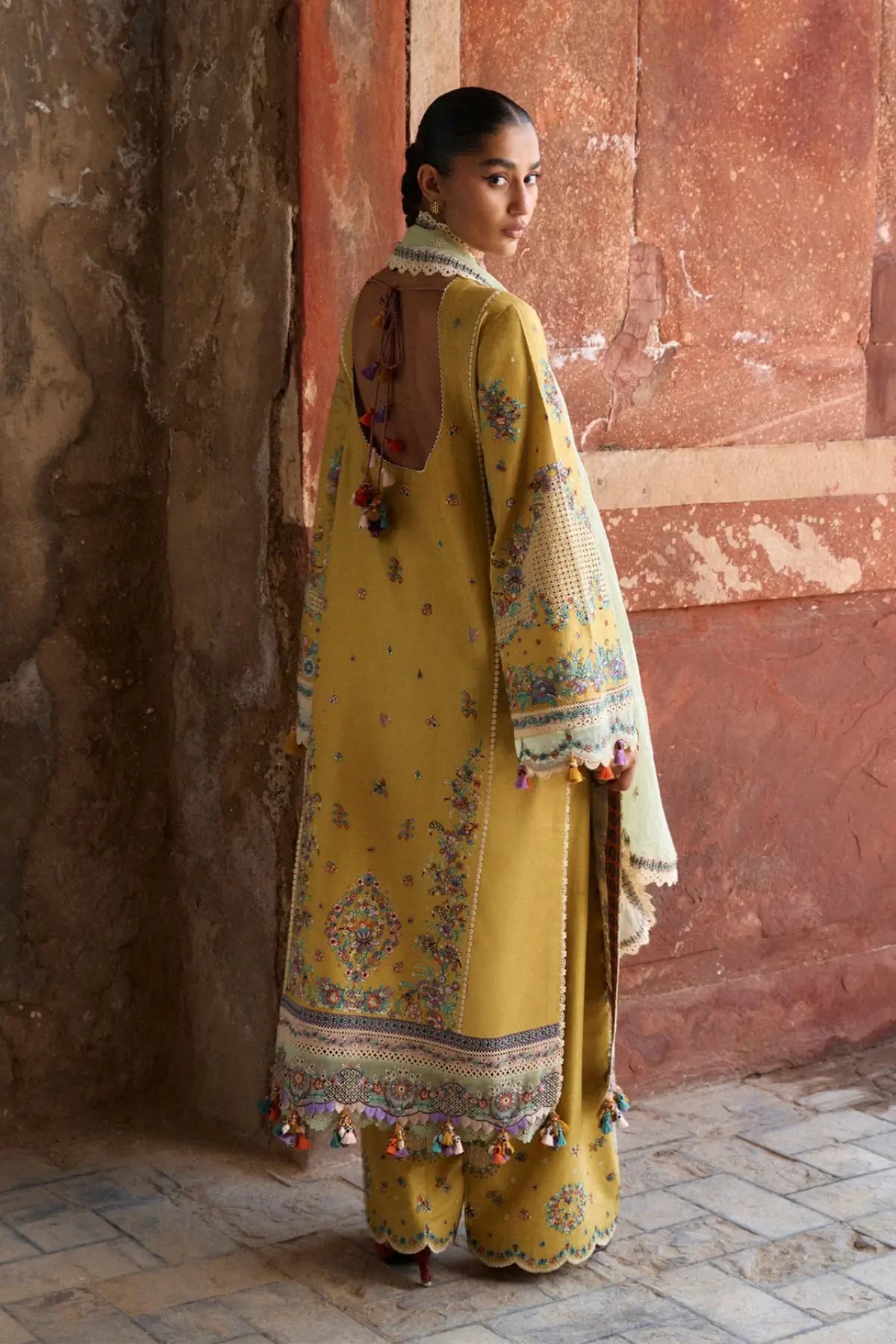 Sari yellow embroidered lawn stitched 3PC suit with chiffon dupatta by Hussain Rehar Pakistanimoda