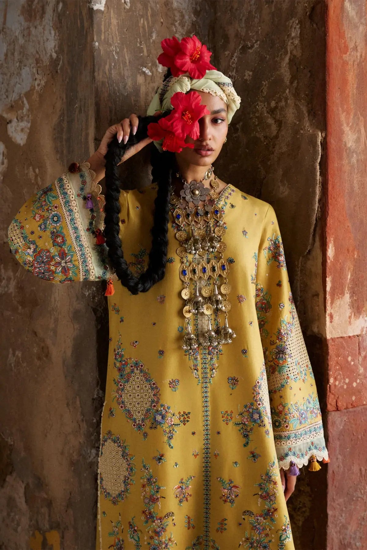 Sari yellow embroidered lawn stitched 3PC suit with chiffon dupatta by Hussain Rehar Pakistanimoda