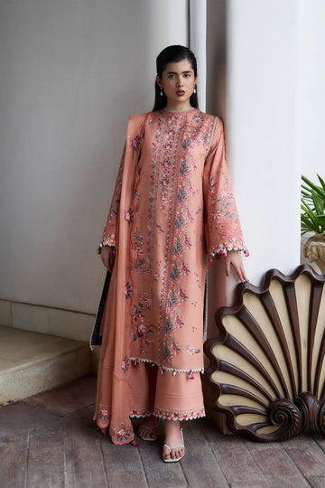 Sarsar Hussain Rehar Pret SS'26 peach embroidered lawn suit with chiffon dupatta at Pakistanimoda.