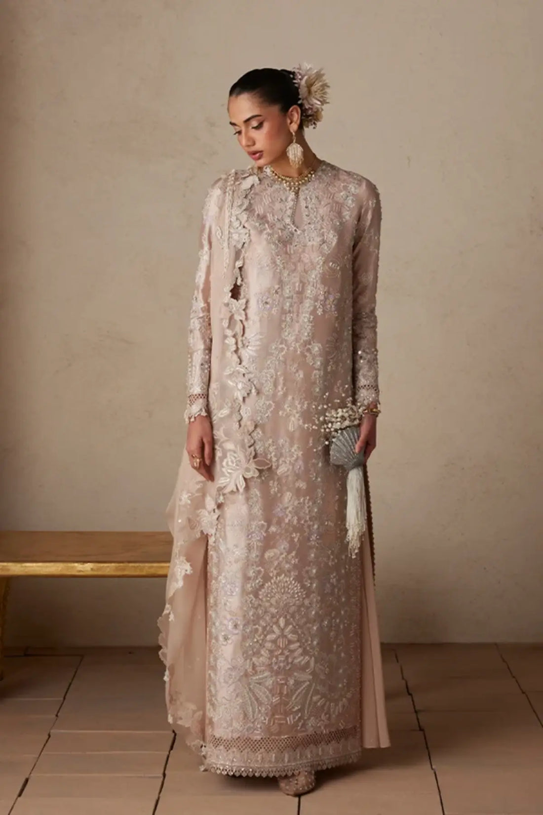 Sarv blush pink embellished wedding formal suit with floral embroidered organza drape, raw silk trousers and cutwork sequin dupatta