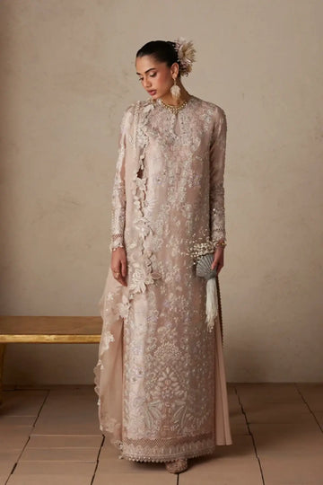 Sarv blush pink embellished wedding formal suit with floral embroidered organza drape, raw silk trousers and cutwork sequin dupatta
