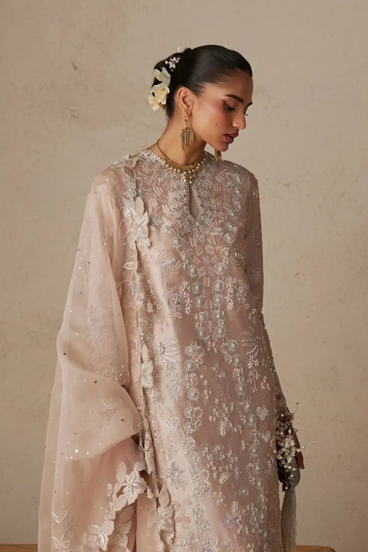 Sarv blush pink embellished wedding formal suit with floral embroidered organza drape, raw silk trousers and cutwork sequin dupatta
