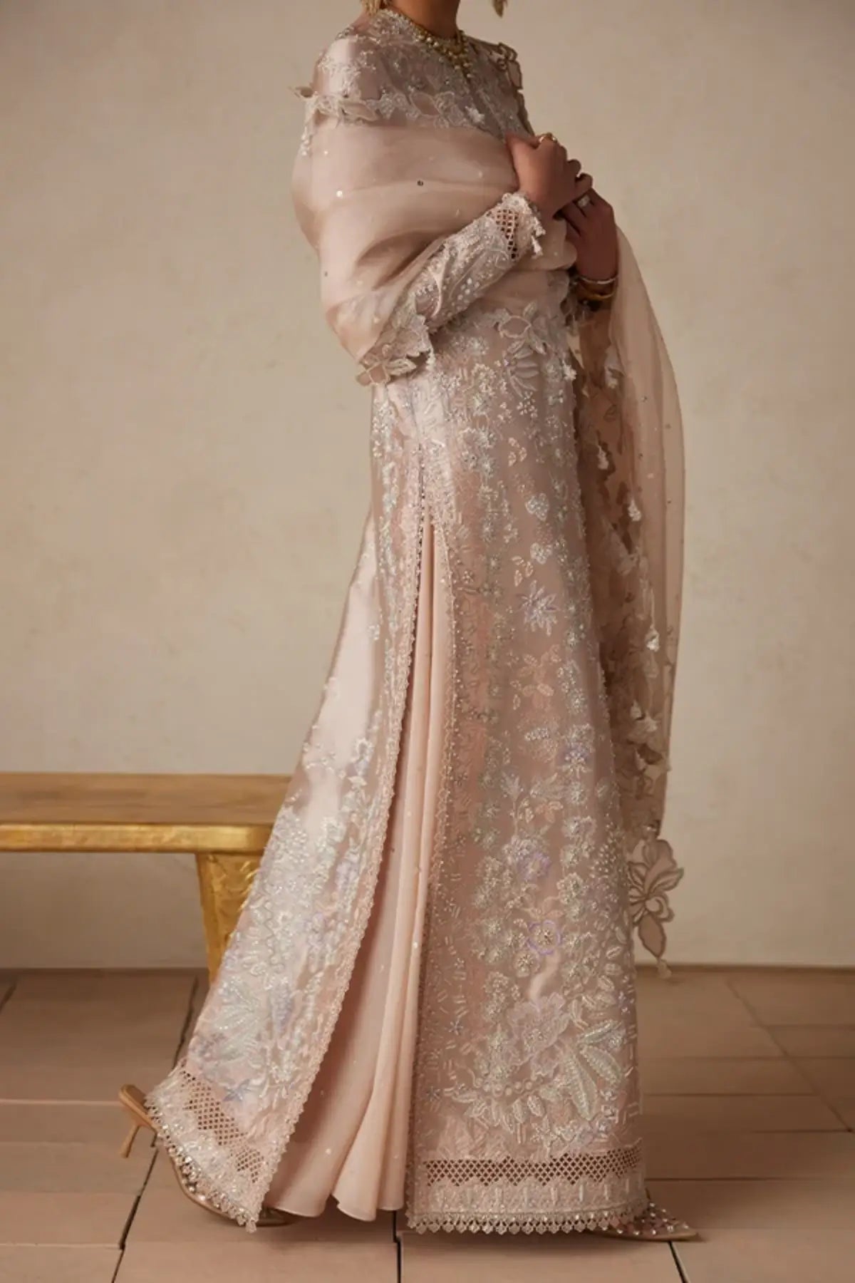 Sarv blush pink embellished wedding formal suit with floral embroidered organza drape, raw silk trousers and cutwork sequin dupatta