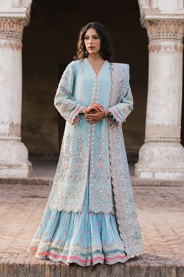 Sassi Vasl 26 pastel blue embellished silk stitched Pakistani wedding open gown with handwork, crushed inner and organza dupatta