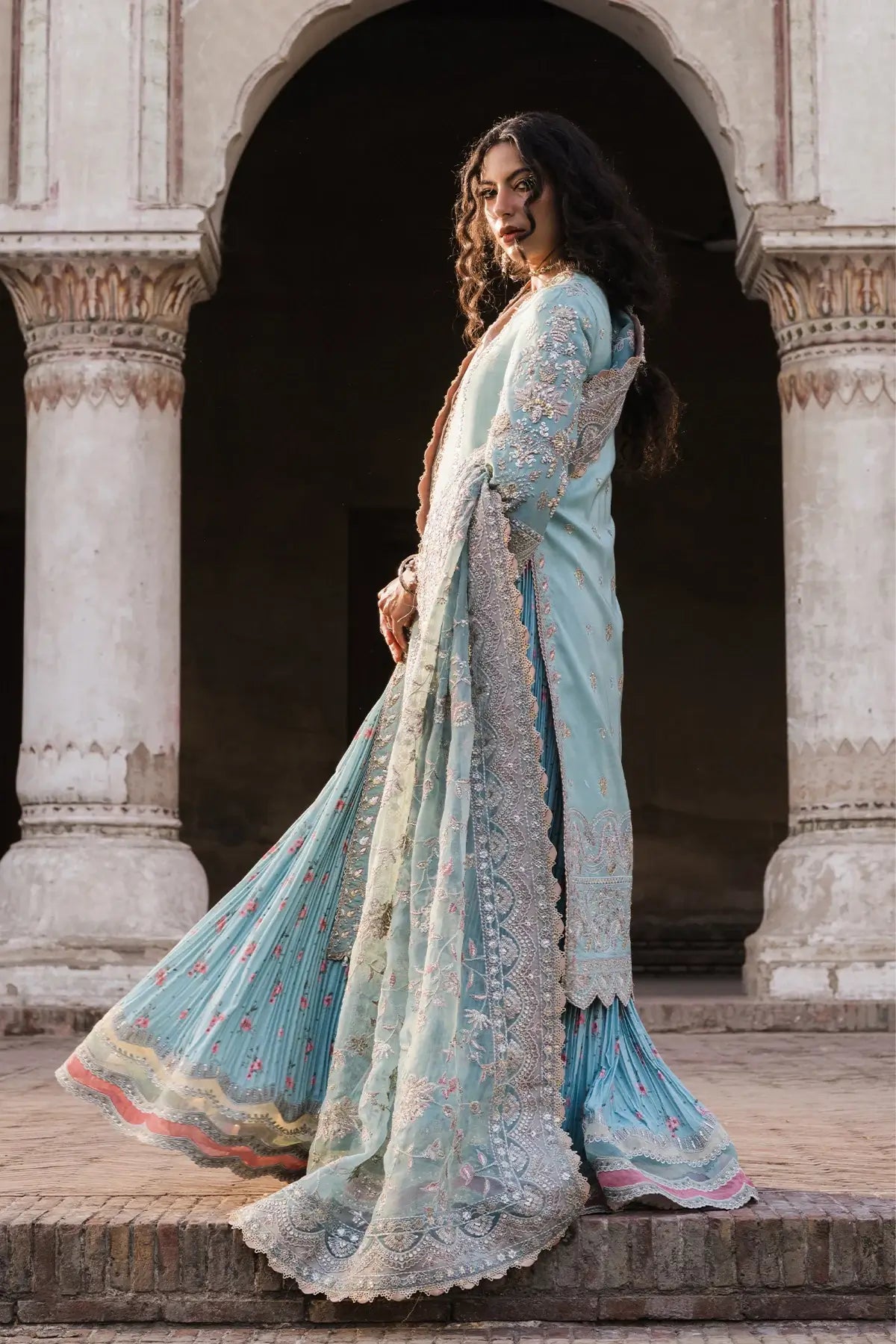Sassi Vasl 26 pastel blue embellished silk stitched Pakistani wedding open gown with handwork, crushed inner and organza dupatta