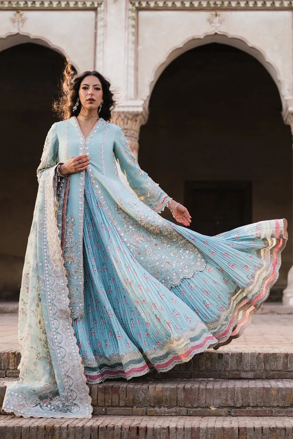 Sassi Vasl 26 pastel blue embellished silk stitched Pakistani wedding open gown with handwork, crushed inner and organza dupatta
