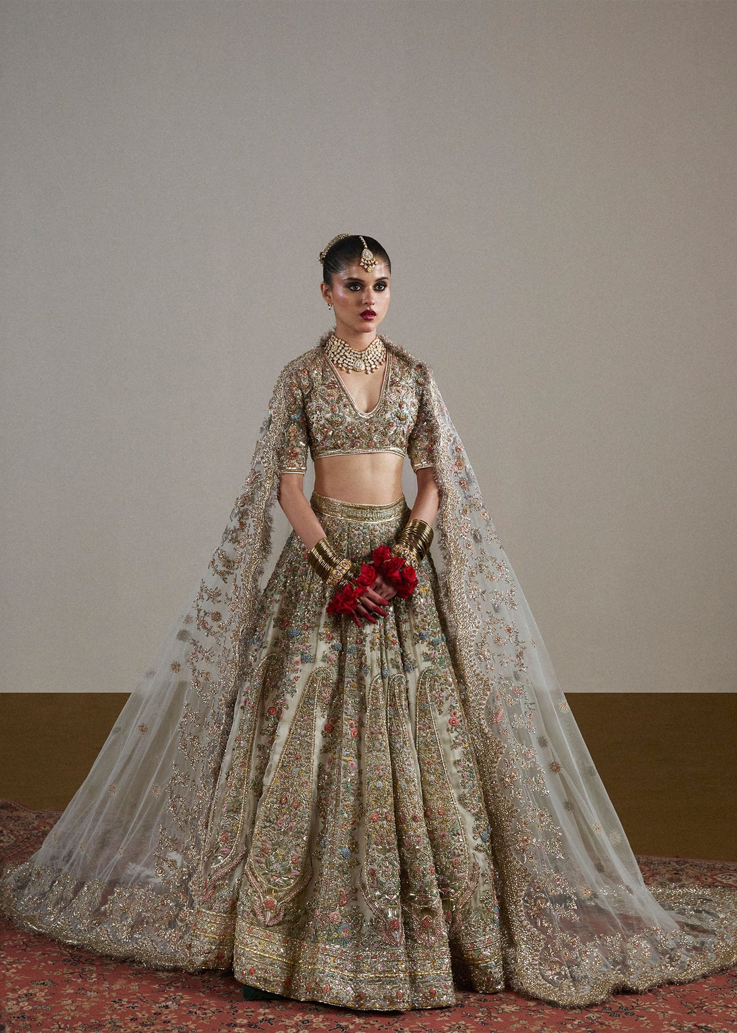 Sawara-Ivory Organza Lehenga with Paisley Motif & Embellished Blouse