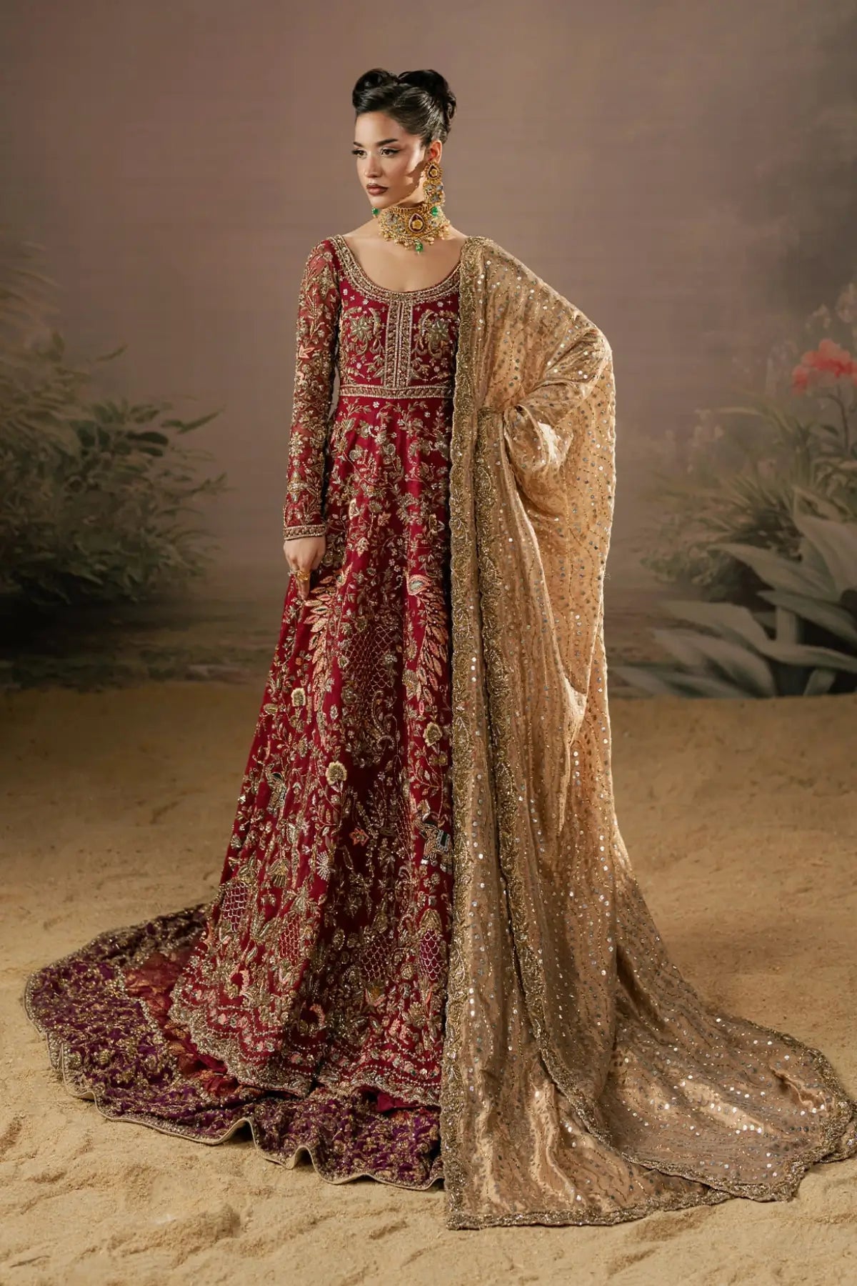 Luxury Pakistani red bridal peshwas with zardozi work