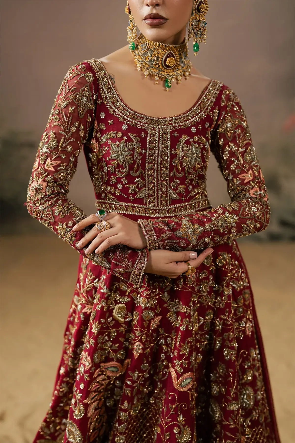 Luxury Pakistani red bridal peshwas with zardozi work
