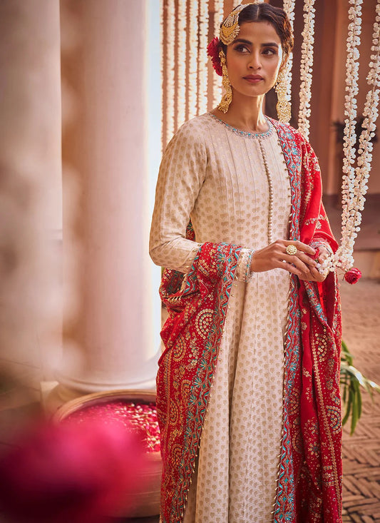 Scarlet - Off-white Anarkali suit with Red Dupatta