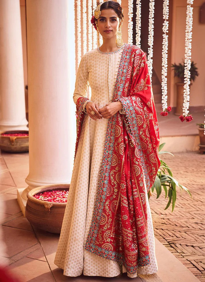 Scarlet - Off-white Anarkali suit with Red Dupatta