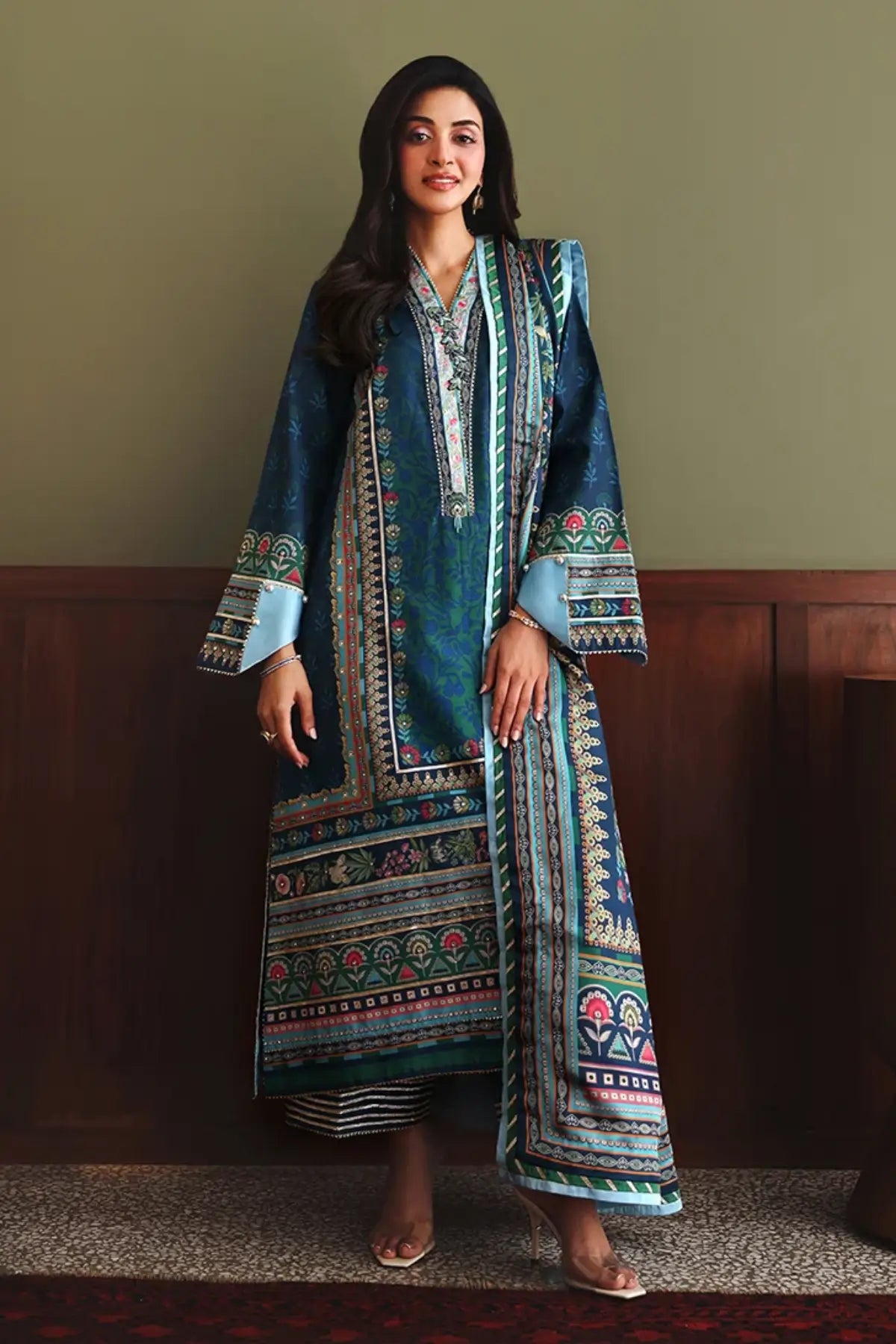 Scene Stealer Nirvana Anmol Edit blue printed embellished raw silk formal stitched 3PC Pakistani suit with printed silk dupatta