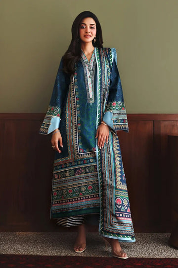 Scene Stealer Nirvana Anmol Edit blue printed embellished raw silk formal stitched 3PC Pakistani suit with printed silk dupatta