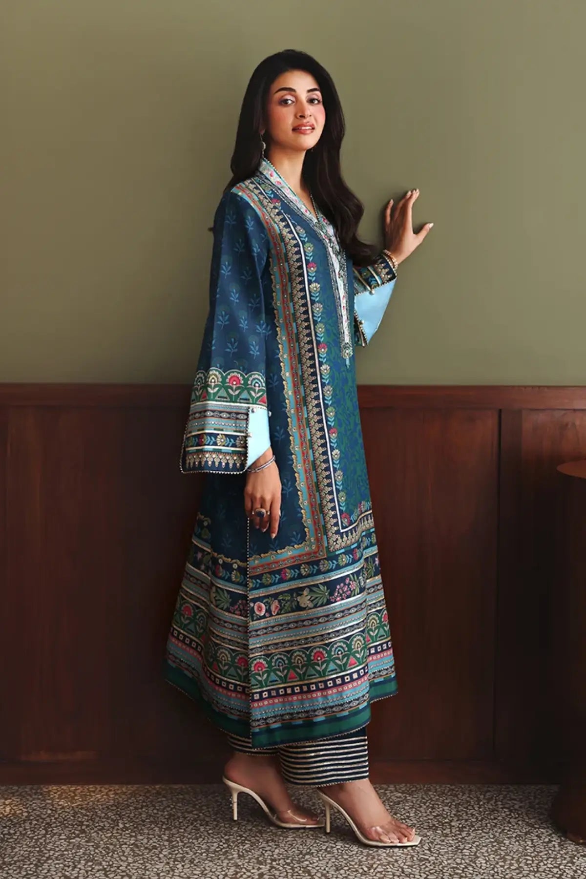 Scene Stealer Nirvana Anmol Edit blue printed embellished raw silk formal stitched 3PC Pakistani suit with printed silk dupatta