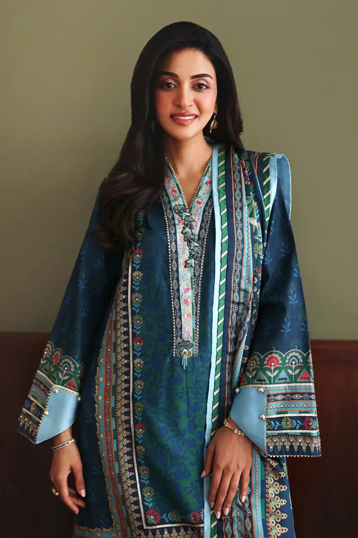 Scene Stealer Nirvana Anmol Edit blue printed embellished raw silk formal stitched 3PC Pakistani suit with printed silk dupatta