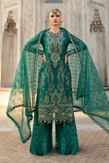Green Embroidered Cotton Satin Suit By Maria B