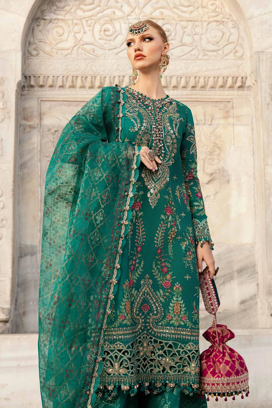 Green Embroidered Cotton Satin Suit By Maria B
