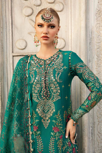 Green Embroidered Cotton Satin Suit By Maria B