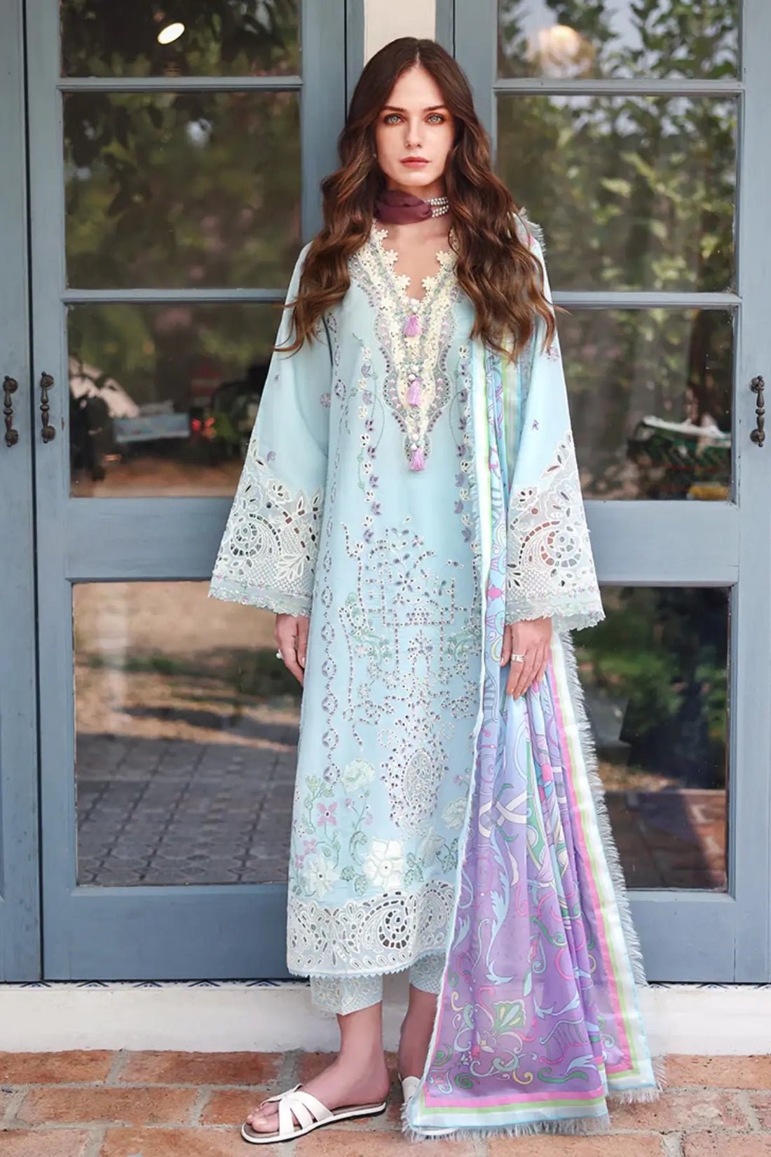 Secret Blossom sky blue Mushq lawn suit with silk dupatta for festive wear