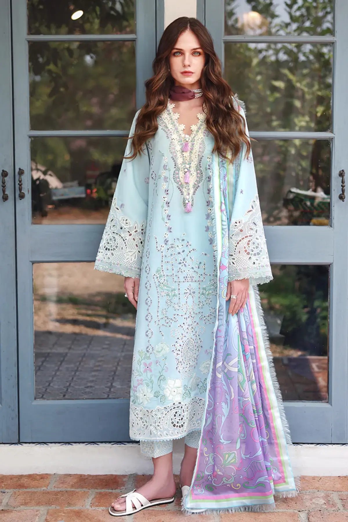 Secret Blossom sky blue Mushq lawn suit with silk dupatta for festive wear