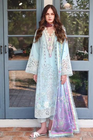 Secret Blossom sky blue Mushq lawn suit with silk dupatta for festive wear