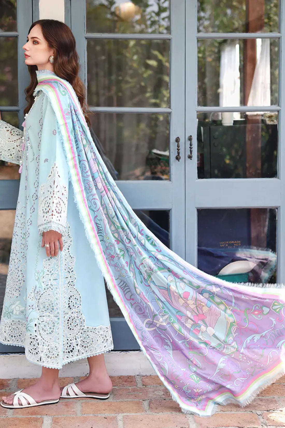 Secret Blossom sky blue Mushq lawn suit with silk dupatta for festive wear