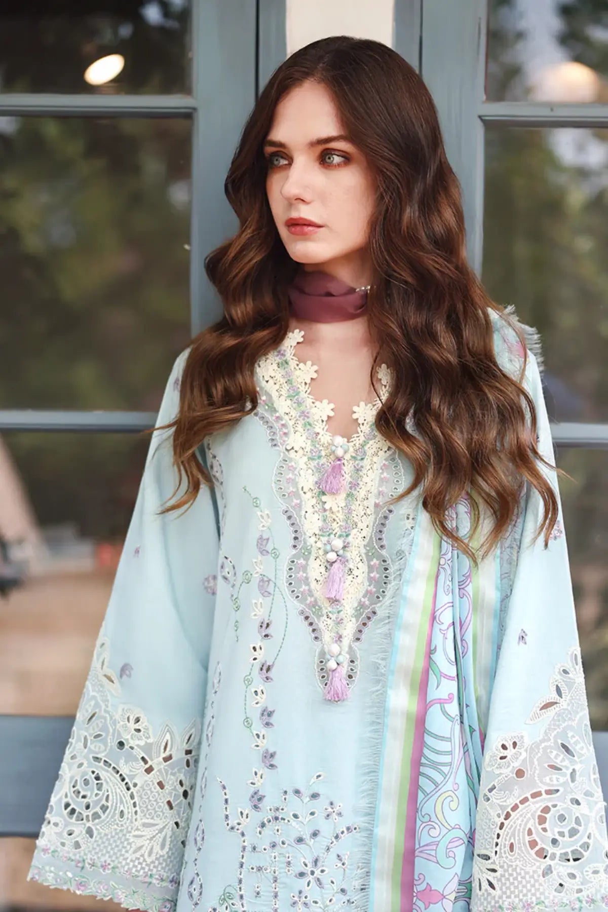 Secret Blossom sky blue Mushq lawn suit with silk dupatta for festive wear