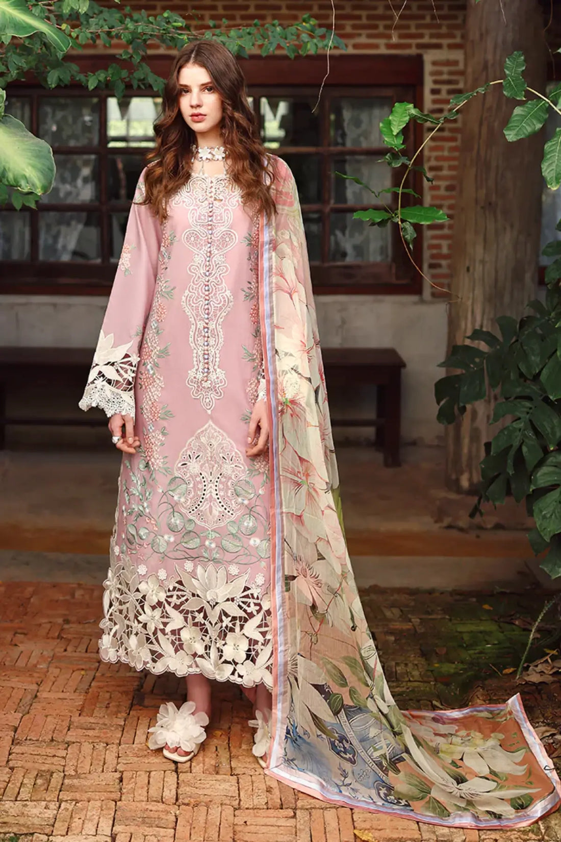 Secret Petals pink Mushq embroidered lawn stitched 3PC suit with chiffon dupatta for Eid summer wear