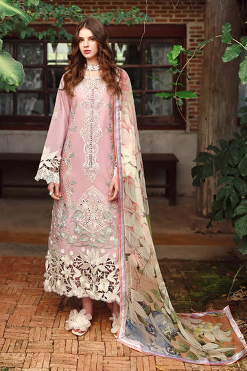 Secret Petals pink Mushq embroidered lawn stitched 3PC suit with chiffon dupatta for Eid summer wear