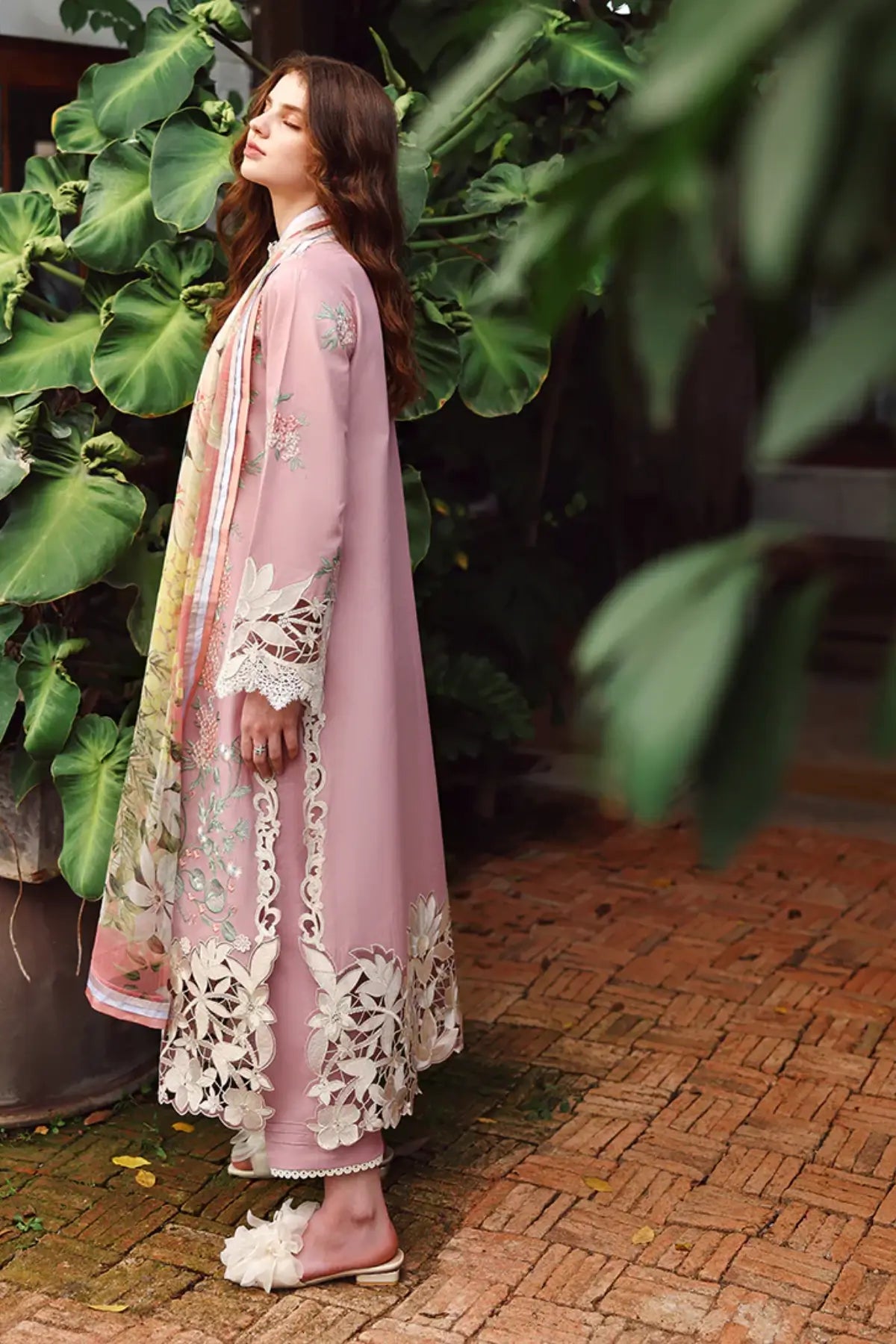 Secret Petals pink Mushq embroidered lawn stitched 3PC suit with chiffon dupatta for Eid summer wear
