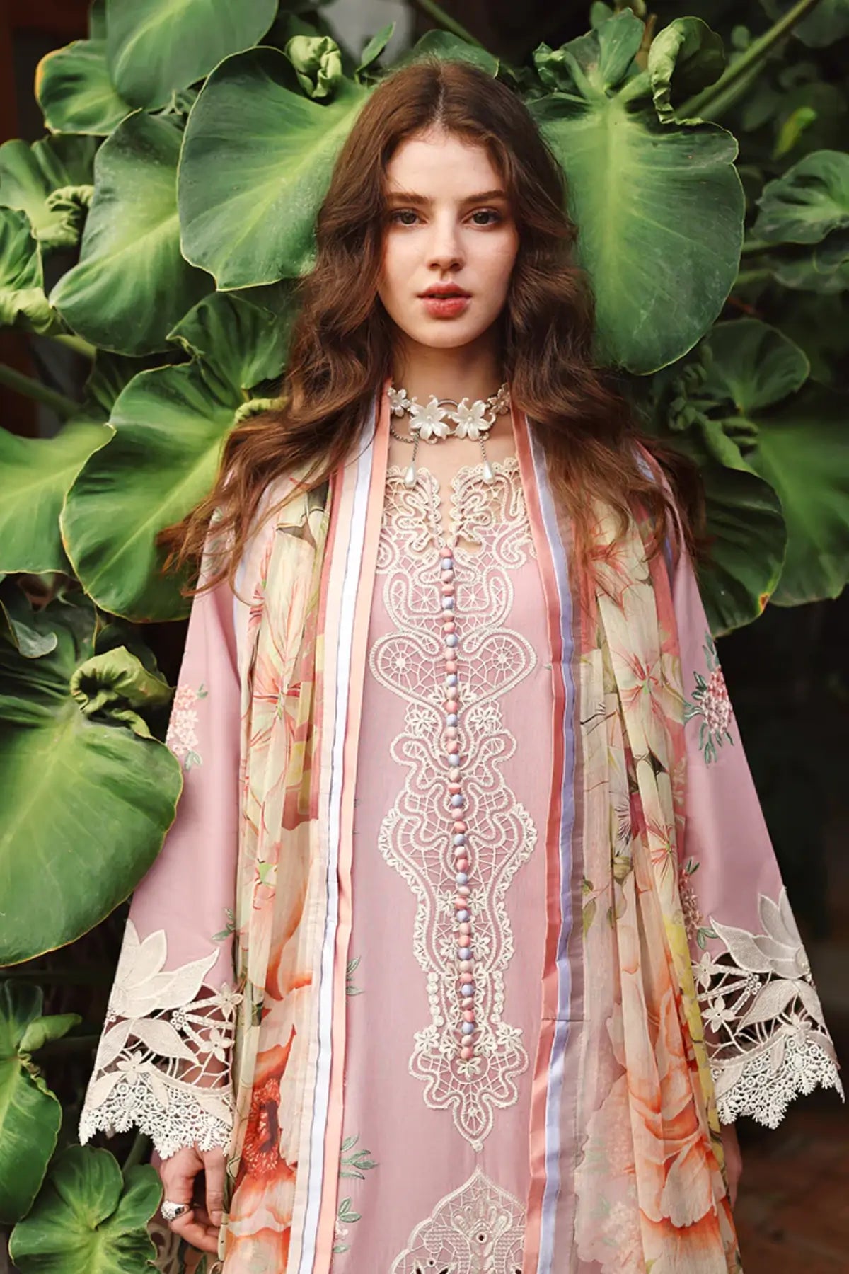 Secret Petals pink Mushq embroidered lawn stitched 3PC suit with chiffon dupatta for Eid summer wear