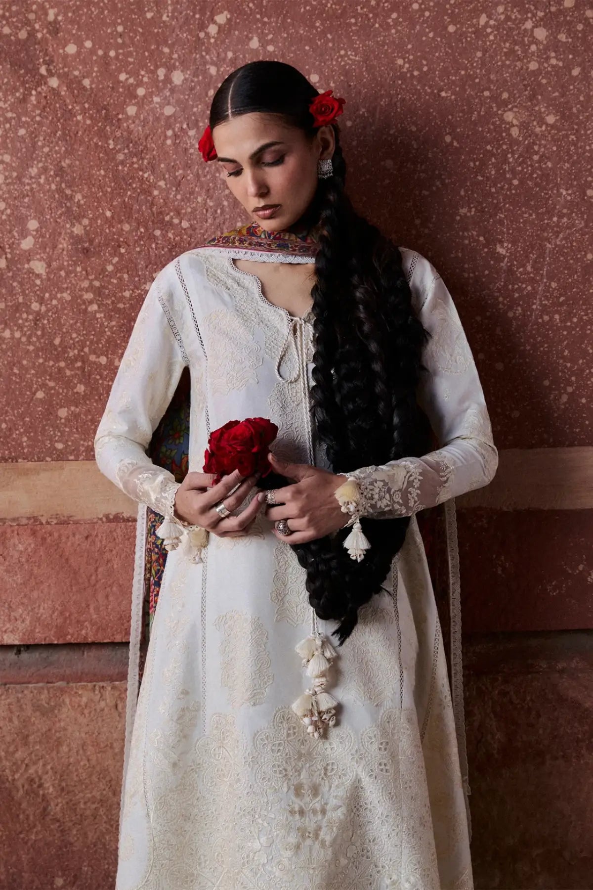 Sefi white designer lawn stitched 3PC suit with chiffon dupatta by Hussain Rehar Pakistanimoda
