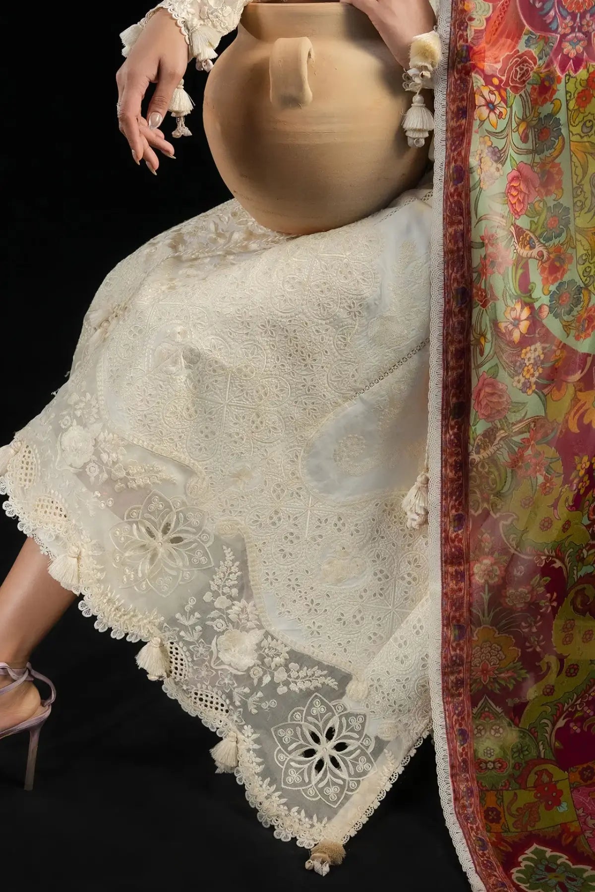 Sefi white designer lawn stitched 3PC suit with chiffon dupatta by Hussain Rehar Pakistanimoda