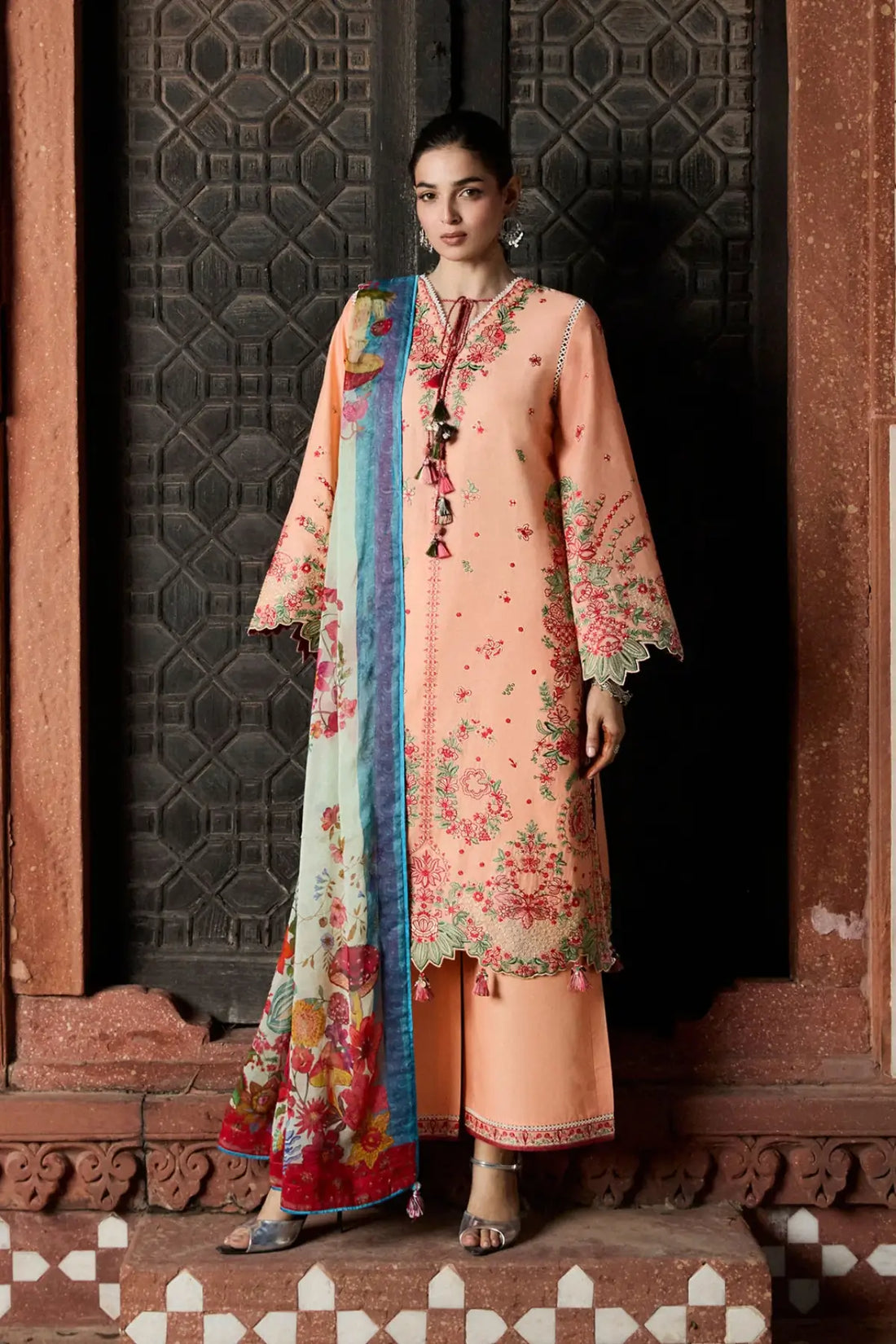 Seftali peach embroidered lawn stitched 3PC Eid suit with chiffon dupatta by Hussain Rehar Pakistanimoda