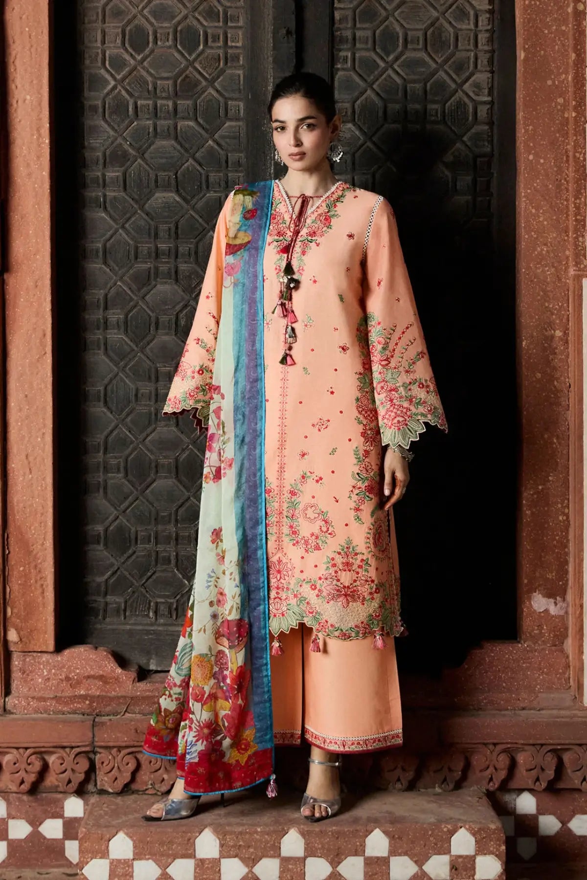 Seftali peach embroidered lawn stitched 3PC Eid suit with chiffon dupatta by Hussain Rehar Pakistanimoda