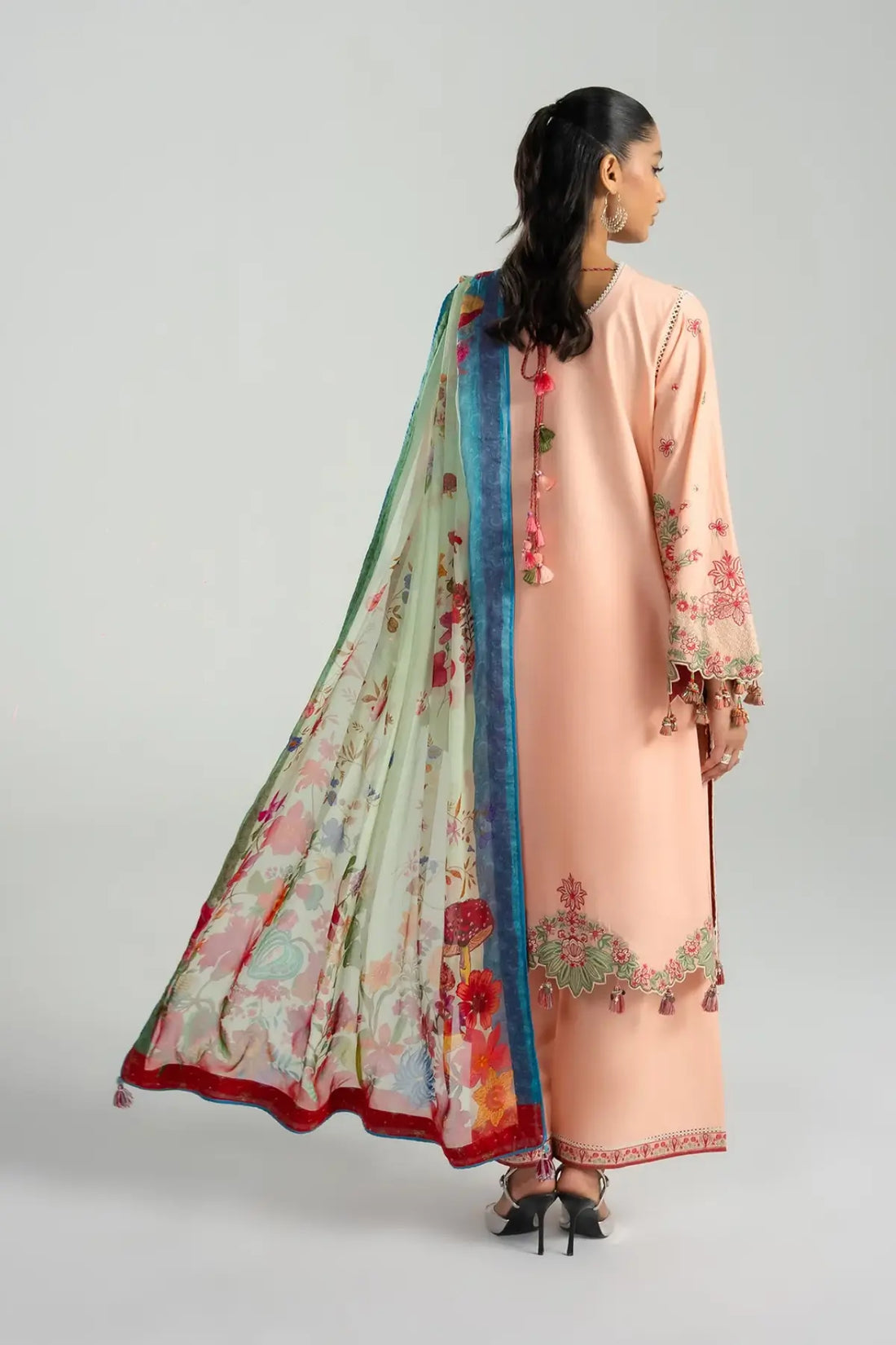Seftali peach embroidered lawn stitched 3PC Eid suit with chiffon dupatta by Hussain Rehar Pakistanimoda