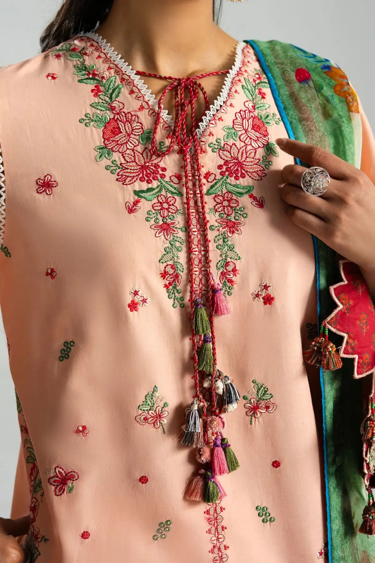 Seftali peach embroidered lawn stitched 3PC Eid suit with chiffon dupatta by Hussain Rehar Pakistanimoda