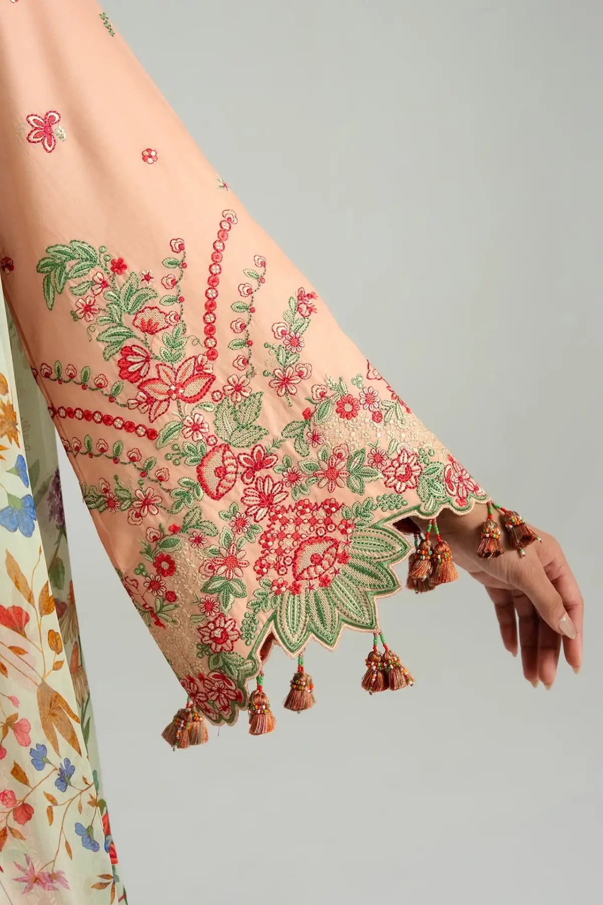 Seftali peach embroidered lawn stitched 3PC Eid suit with chiffon dupatta by Hussain Rehar Pakistanimoda