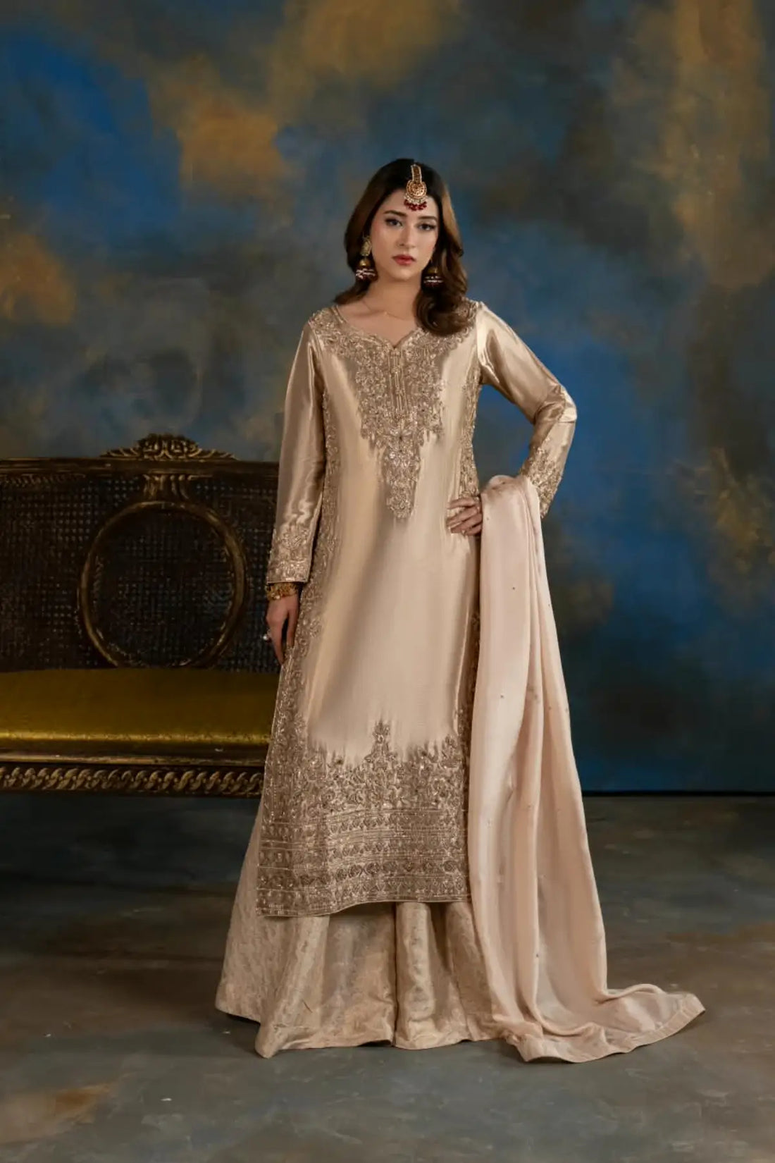 Seher dull gold embellished Indian tissue wedding suit with Jamawar silk palazzo and silk dupatta by MariamRaj