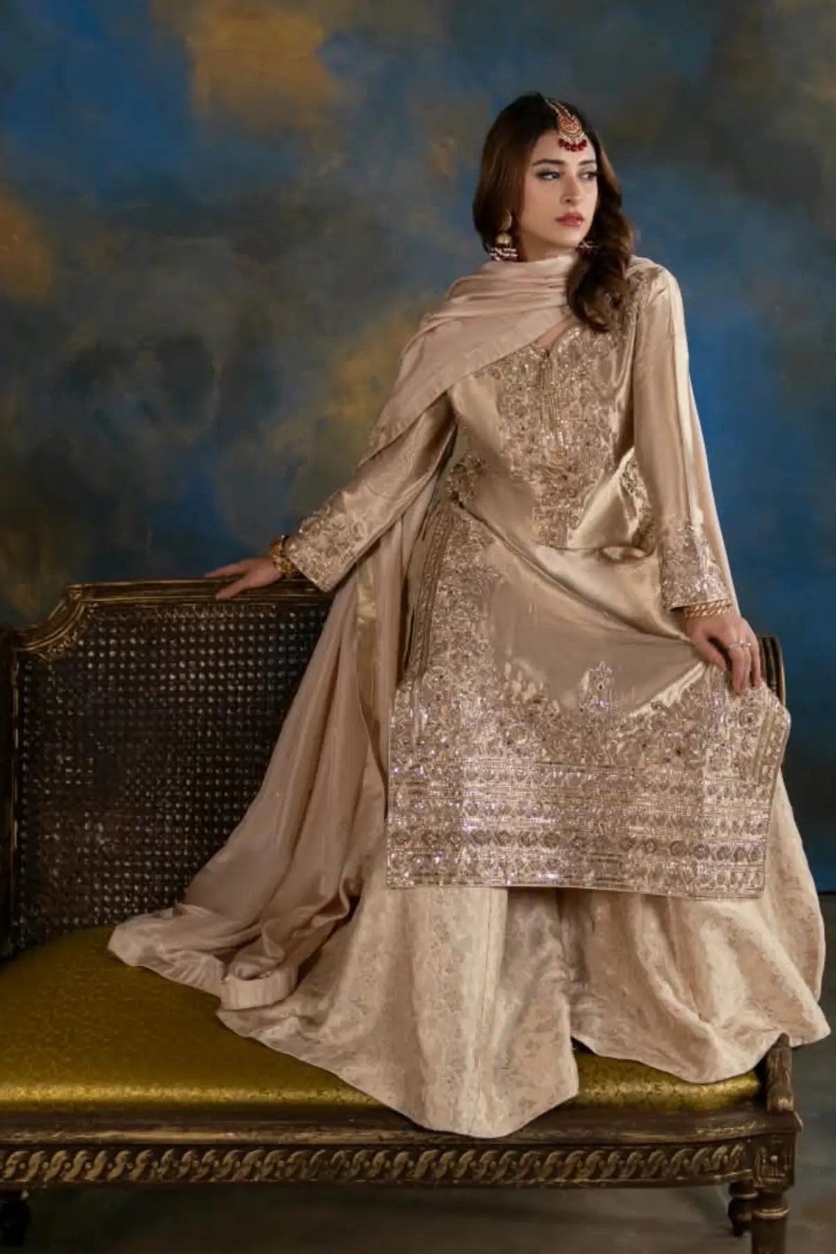 Seher dull gold embellished Indian tissue wedding suit with Jamawar silk palazzo and silk dupatta by MariamRaj