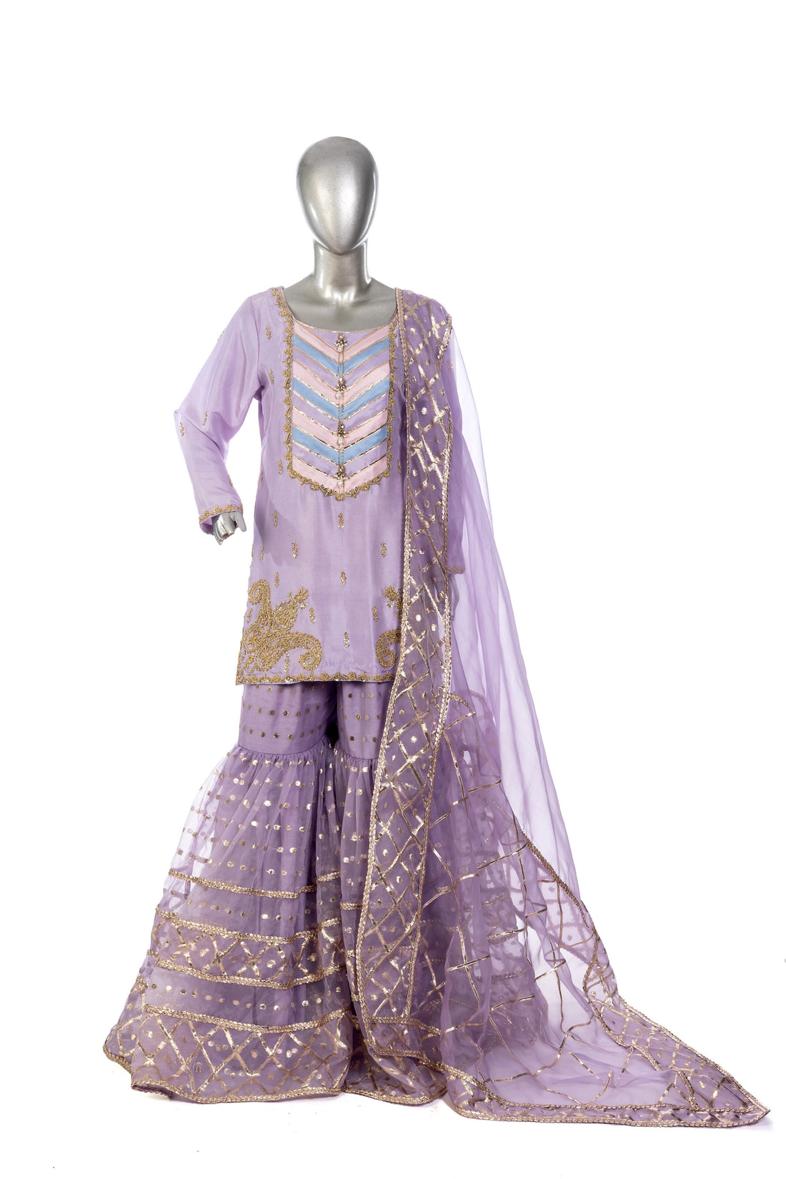 Sehrish Wedding Formal Suit in raw silk with buti organza gharara & gota dupatta. Designer outfit by MariamRaj at Pakistanimoda.