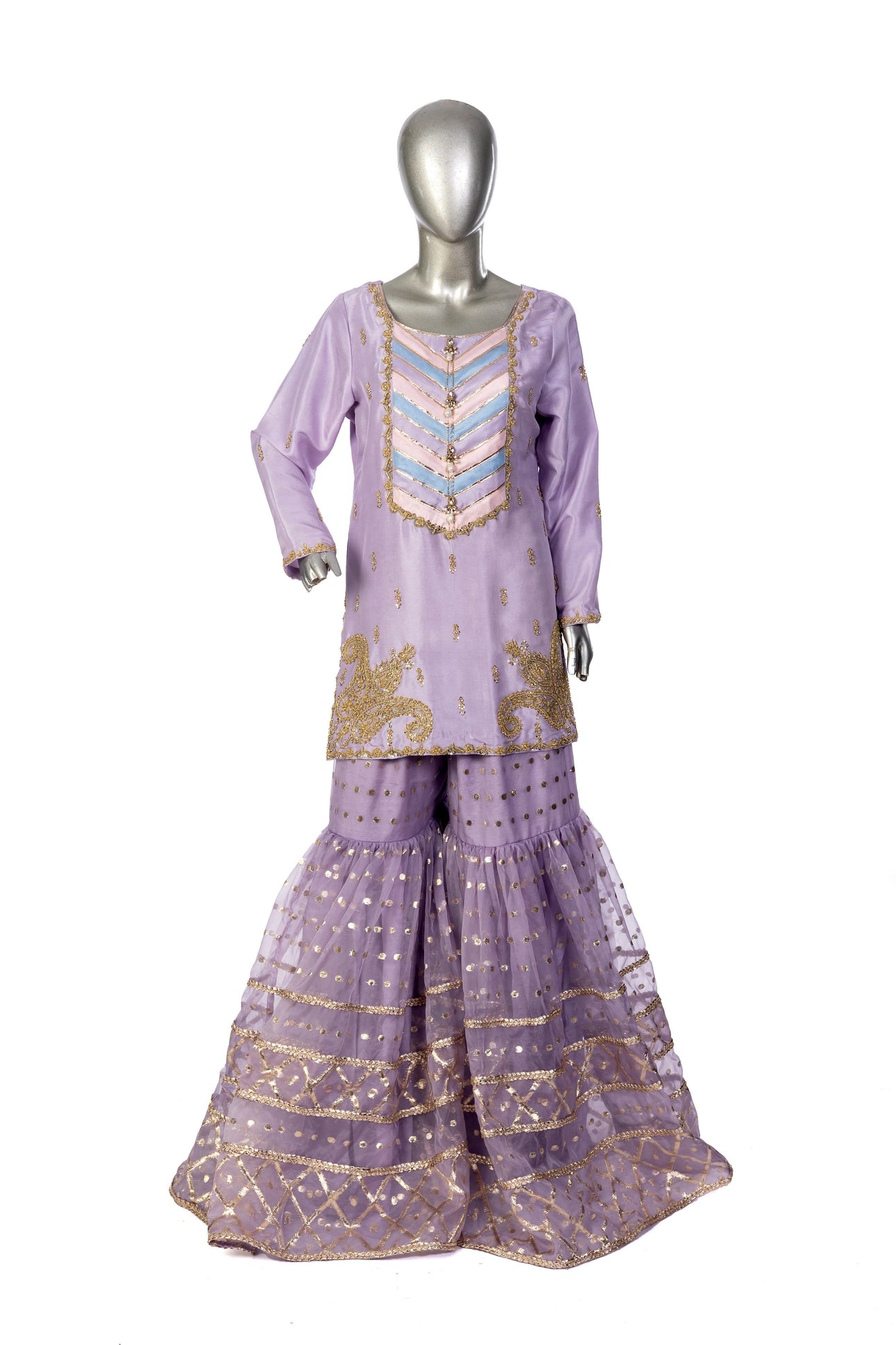 Sehrish Wedding Formal Suit in raw silk with buti organza gharara & gota dupatta. Designer outfit by MariamRaj at Pakistanimoda.