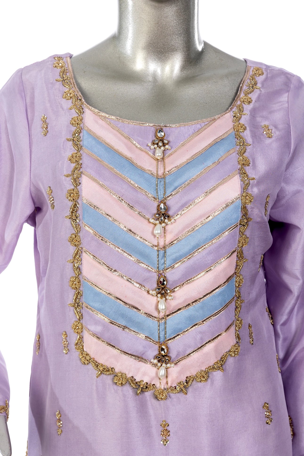 Sehrish Wedding Formal Suit in raw silk with buti organza gharara & gota dupatta. Designer outfit by MariamRaj at Pakistanimoda.