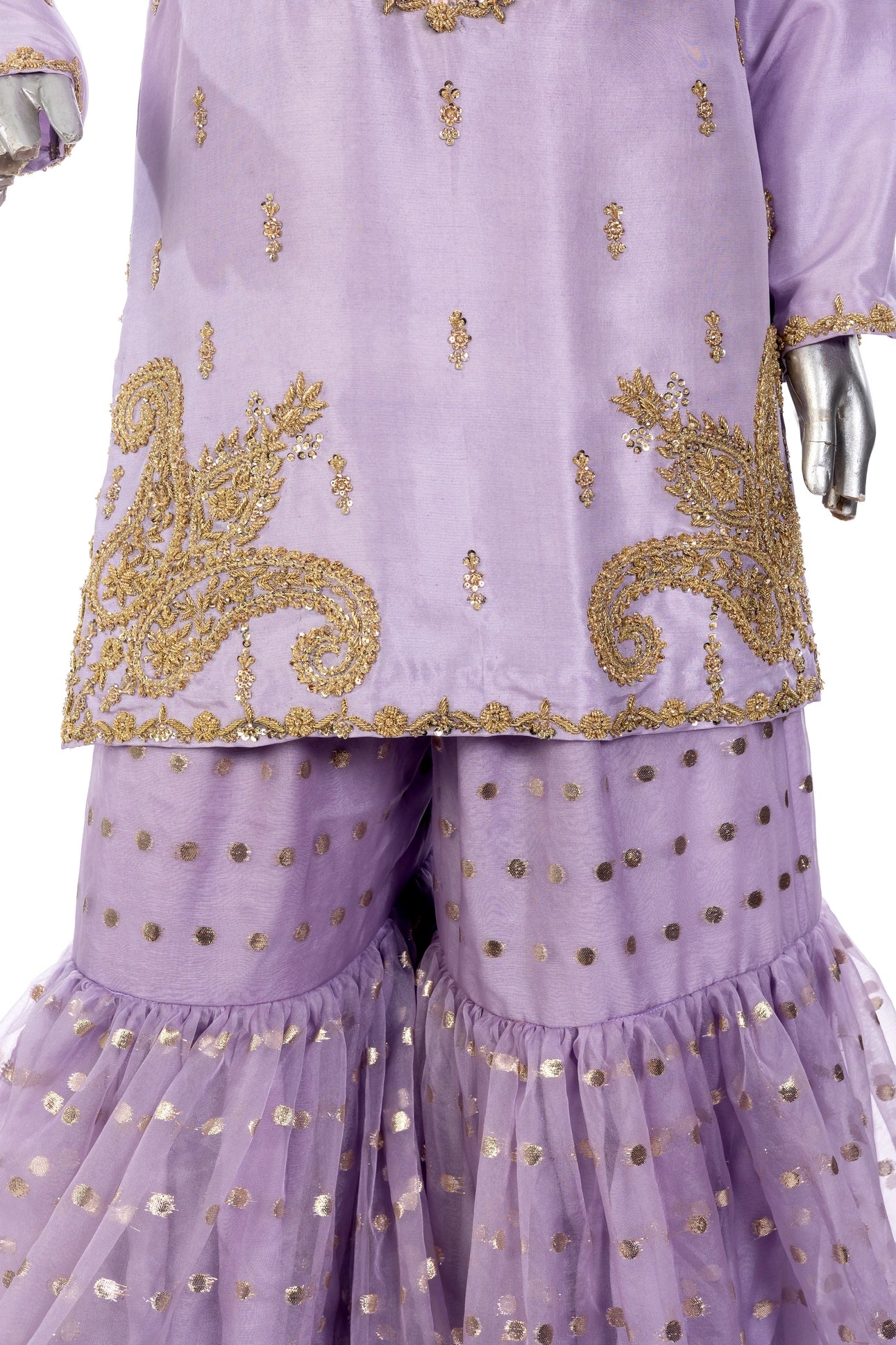 Sehrish Wedding Formal Suit in raw silk with buti organza gharara & gota dupatta. Designer outfit by MariamRaj at Pakistanimoda.