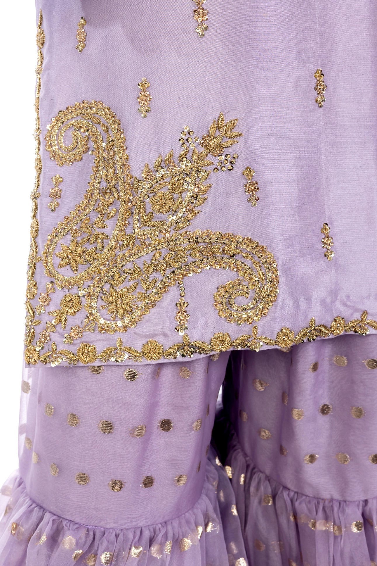 Sehrish Wedding Formal Suit in raw silk with buti organza gharara & gota dupatta. Designer outfit by MariamRaj at Pakistanimoda.