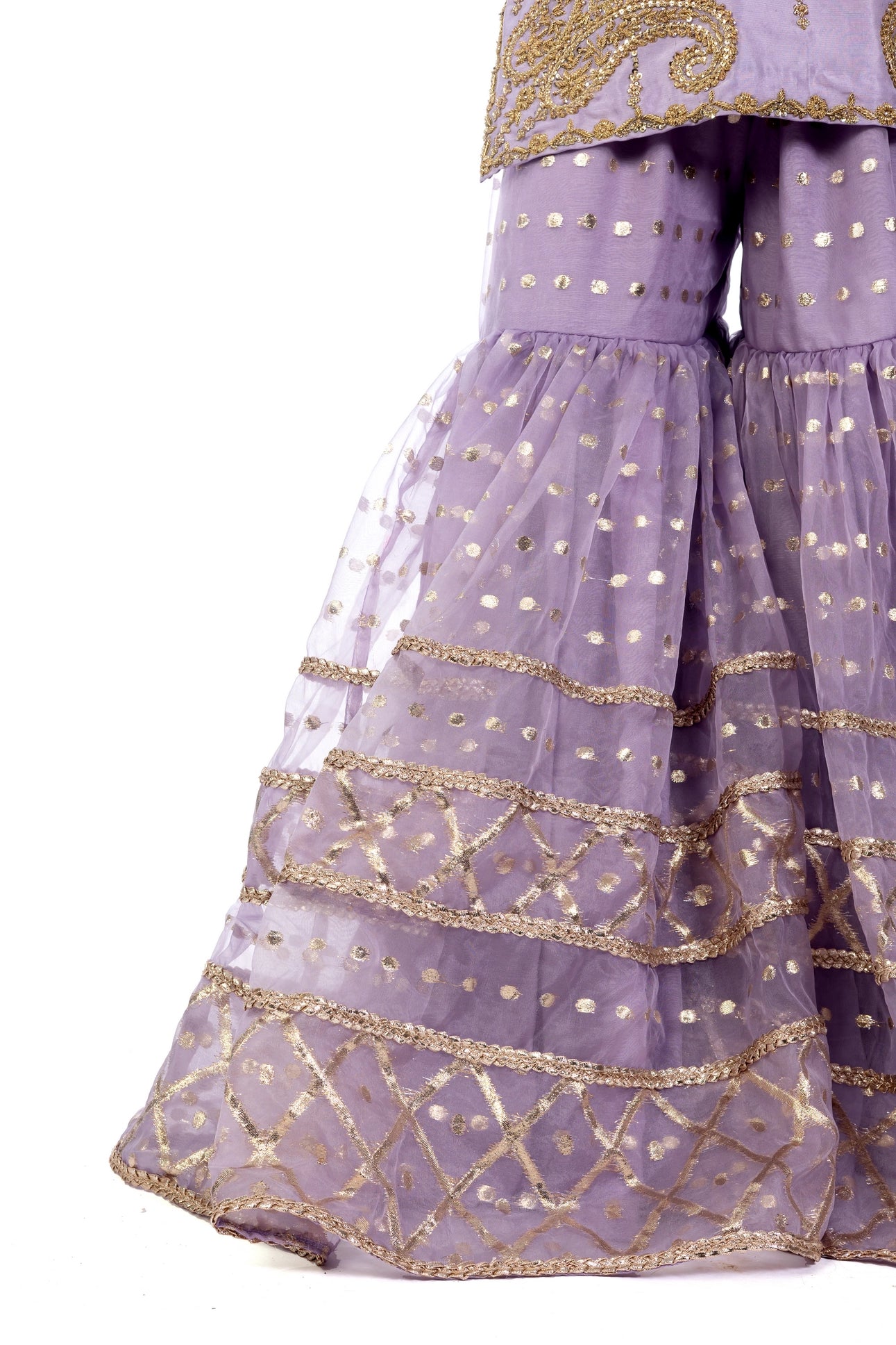 Sehrish Wedding Formal Suit in raw silk with buti organza gharara & gota dupatta. Designer outfit by MariamRaj at Pakistanimoda.