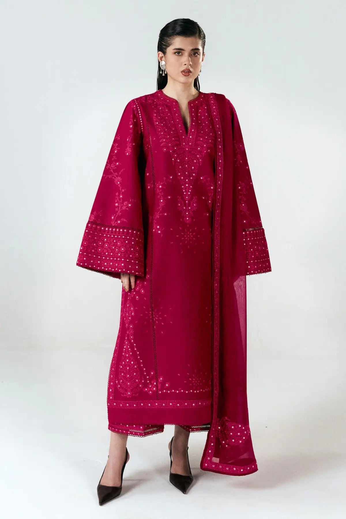 Sela red Jugnu Lahore SS26 Edit III stitched cotton 3PC suit with embroidered chiffon dupatta