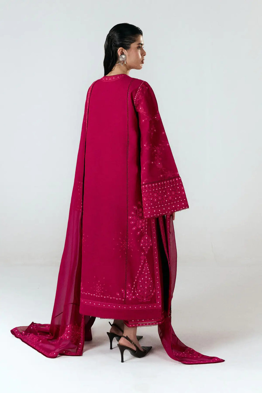 Sela red Jugnu Lahore SS26 Edit III stitched cotton 3PC suit with embroidered chiffon dupatta
