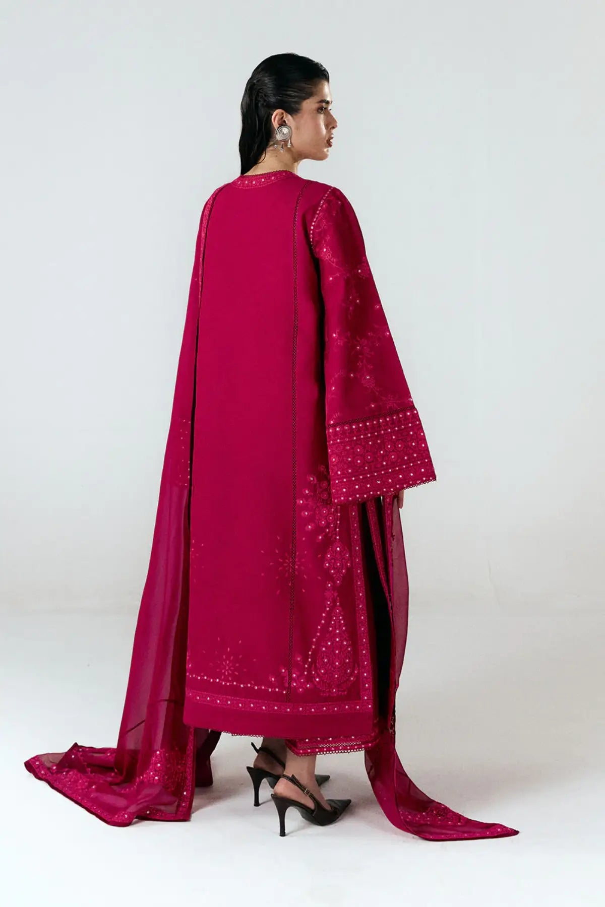 Sela red Jugnu Lahore SS26 Edit III stitched cotton 3PC suit with embroidered chiffon dupatta