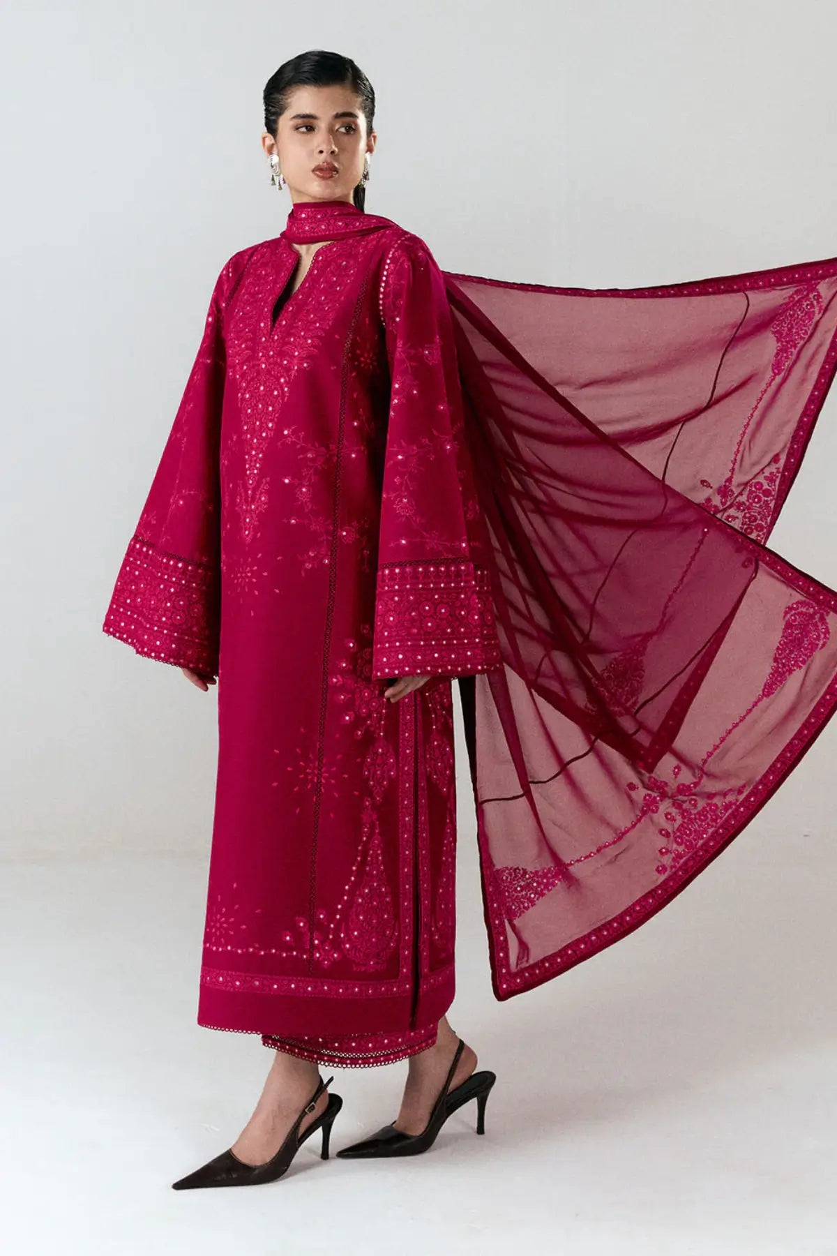 Sela red Jugnu Lahore SS26 Edit III stitched cotton 3PC suit with embroidered chiffon dupatta